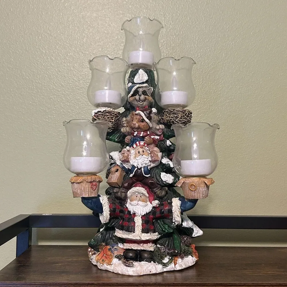 Santa Ceramic Multi-Arm Candle Holder Centerpiece w/ Glass Cups, Multicolor